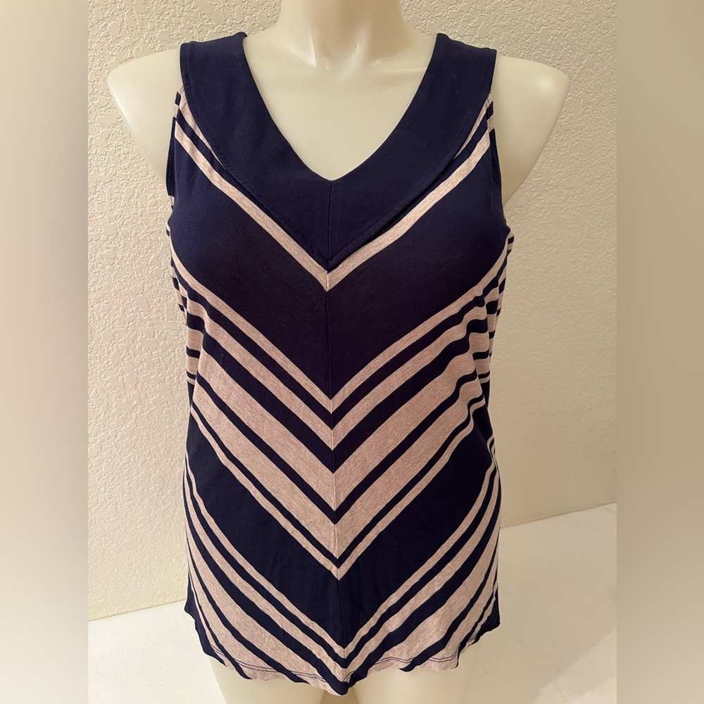 Carole Little Chevron Stripe V-Neck Tunic Tank Top 1X Rayon Knit Navy Blue Tan